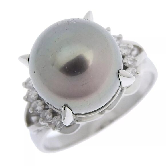 Ring12ｍｍ Pt900Platinum/Black pearl (Black butterfly Pearl)/diamond - Picture 1 of 6